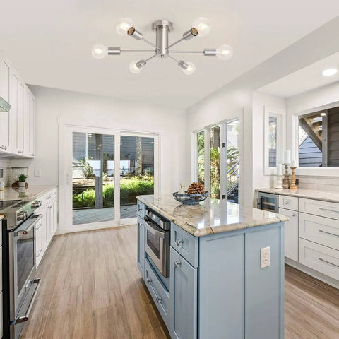 Dope Six Light Sputnik Style Ceiling Fixture In Brushed Nickel Finish For Kitchen Islands, shown in modern kitchen setting