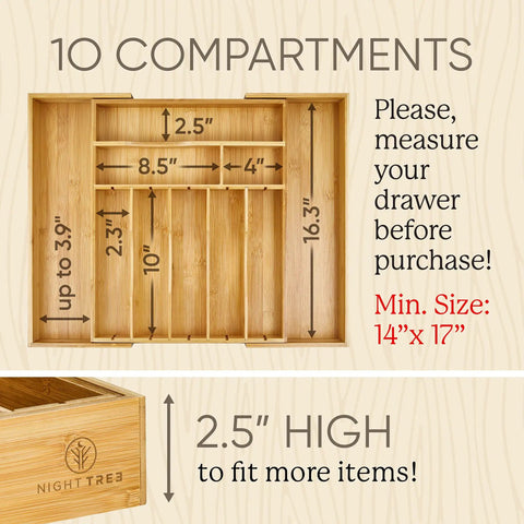Extra Deep Silverware Drawer Organizer With Adjustable Dividers Expands From 14 To 21.6 Inches Bamboo Flatware Tray For Kitchen