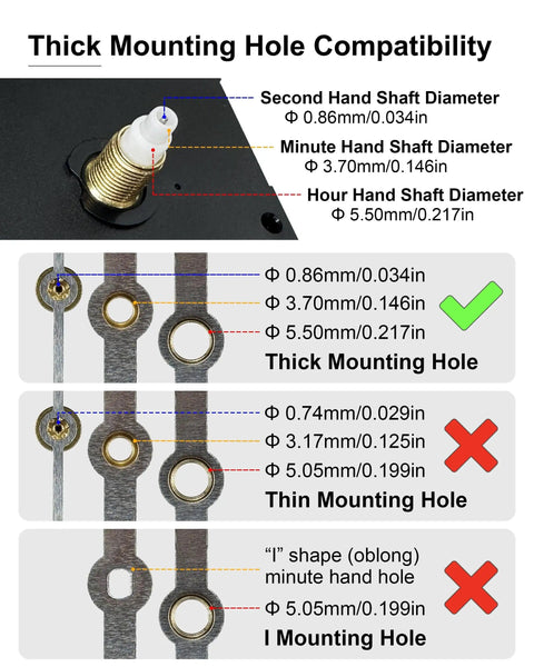 Battery Operated Clock Mechanism Replacement Kit With Silent Quartz Movement, shaft and hole size compatibility guide
