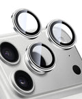 Camera Lens Protector For iPhone 17 Pro And 17 Pro Max 9H Tempered Glass Camera Cover With Silver Metal Ring shown on phone