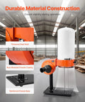 Side view of 800 CFM Vortex Cone Dust Collector for Woodworking Shop with Two Point Five Micron Filter and Casters, in warehouse.