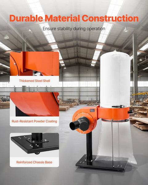 Side view of 800 CFM Vortex Cone Dust Collector for Woodworking Shop with Two Point Five Micron Filter and Casters, in warehouse.