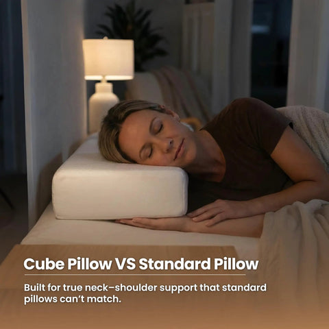 Premium Memory Foam Cube Pillow Made Straight For Real Side Sleepers Measuring 24 By 12 By 5 Inches shown in use for neck support.