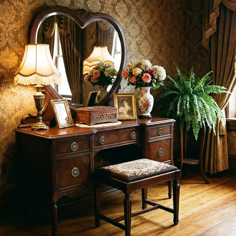 Antique wooden dresser with ornate mirror, floral arrangement, and vintage decor in elegant room with patterned wallpaper and curtain.