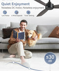Man reading on couch with dog under 2 Pack 52 Inch Outdoor Ceiling Fans With Remote Black No Light Quiet Reversible DC Motor 6 Speeds 3 Blade Modern Ceiling Fans For Patio Living Room Or Bedroom Damp Rated For Indoor And Covered Outdoor Use.