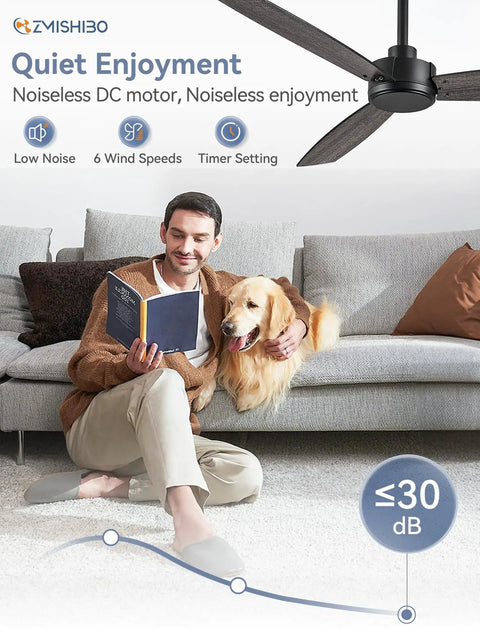 Man reading on couch with dog under 2 Pack 52 Inch Outdoor Ceiling Fans With Remote Black No Light Quiet Reversible DC Motor 6 Speeds 3 Blade Modern Ceiling Fans For Patio Living Room Or Bedroom Damp Rated For Indoor And Covered Outdoor Use.