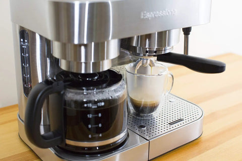 Close-up of Stainless Steel Espresso And Coffee Maker Duo Brew Kit With 10 Cup Capacity 19 Bar ULKA Pump on a counter