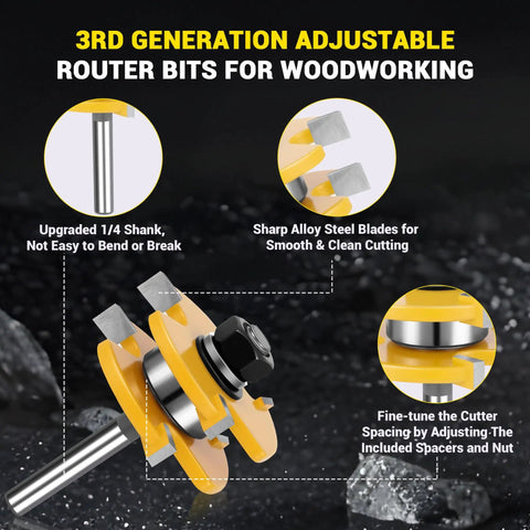 Image of 2 Pack Tongue And Groove Router Bit Set 1/4 Inch Shank, Adjustable 3 Tooth T Style Bits For woodworking, and DIY projects.