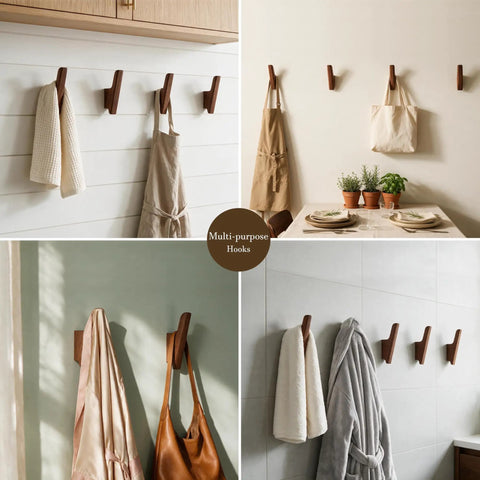 Rock-Solid Natural Walnut Wood 4 Pack Wall-Mounted Coat Hooks for a Super Entryway Glow Up Handcrafted Modern Hooks supporting bags and towels.