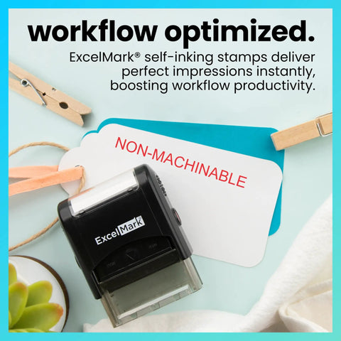 No Sweat Self Inking Rubber Stamp With Sharp Red Ink And A Solid Non Machinable Mark Plus Easily Refillable Pads For Effortless Office And Logistics Work Always Top Notch on a turquoise background.