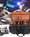 DJ Cable Organizer Bag With Detachable Padded Bottom And Dividers, bright interior, filled with cables, in a DJ setup