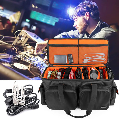 DJ Cable Organizer Bag With Detachable Padded Bottom And Dividers, bright interior, filled with cables, in a DJ setup