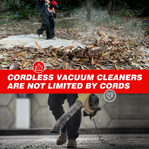 Person using a Cordless Leaf Blower For 18V Batteries 720 CFM 180 MPH Handheld Brushless Dust Blower With Light outdoors on leaves.
