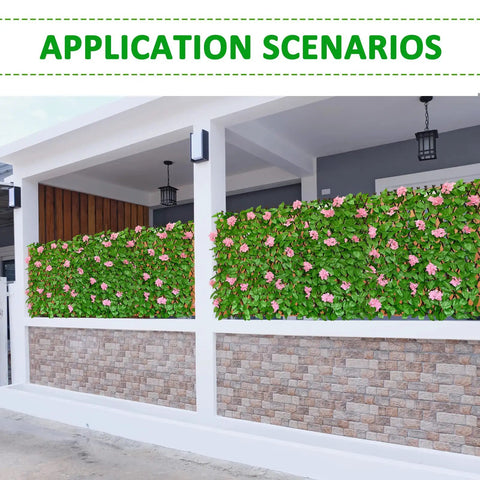 Expandable Faux Ivy Privacy Screen For Outdoor Yards, Patios And Balconies, Artificial Hedge Lattice Fence with pink leaves installed on patio