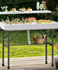 Two Tier Folding Ice Table With Drain And Detachable Skirt, 4 Foot Ice Cooler Table for parties holding drinks and food outdoors