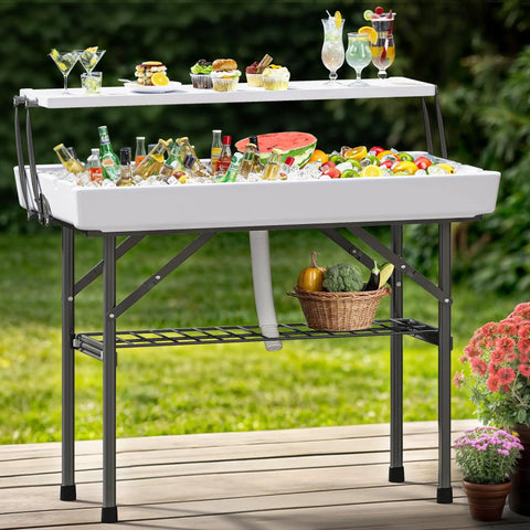 Two Tier Folding Ice Table With Drain And Detachable Skirt, 4 Foot Ice Cooler Table for parties holding drinks and food outdoors
