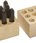 Nine Piece Pro Grade Heavy Duty Steel Stamp Set For Crafts And Metalwork, figure stamps in wood holder, 3/32 inch size