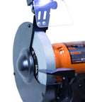 Close-up of Eight Inch Bench Grinder Powered By A Beefy Four Point Eight Amp Motor Hitting 3450 RPM with adjustable LED eye guard.
