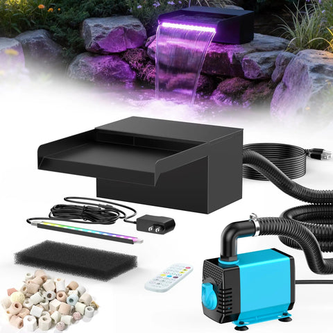 8 Inch Pond Waterfall Spillway with RGB LED Lights and 660 GPH Pond Pump, Tubing and Remote Control in backyard scene