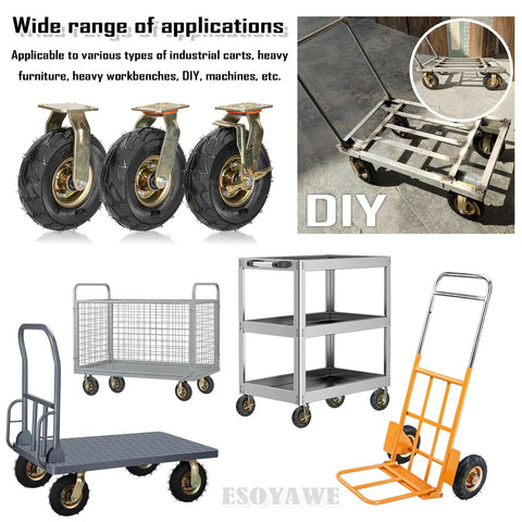 Heavy Duty Rubber Pneumatic Caster Wheels 4 Pack With Swivel Brakes And Top Plate Mounting Industrial Cart Casters Built Tough For Smooth Roll And Kicking It On Heavy Workloads Today
