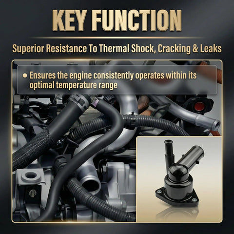 Top Tier Coolant Thermostat Housing Assembly Bolt On Fit Precision Machined, visible in engine setup, showcasing thermal resistance.