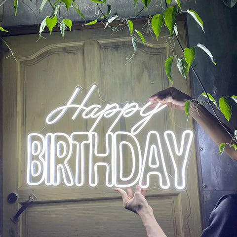 Person holding Big Birthday Neon Sign For Wall Decor With Dimmer Switch, 12V Reusable Light Up Birthday Party Decoration