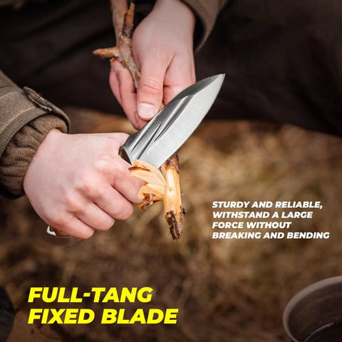 Pocket Fixed Blade Knife With Wood Handle And Leather Sheath being used for wood carving outdoors