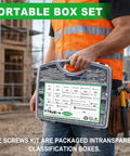 Worker holding 810 Piece Stainless Steel Wood Screws Kit For DIY Projects with labeled case on construction site