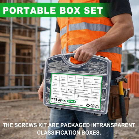 Worker holding 810 Piece Stainless Steel Wood Screws Kit For DIY Projects with labeled case on construction site