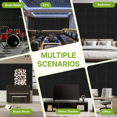 Kick The Echo With These Six Black Egg Crate Acoustic Foam Panels Measuring 12 By 12 By 2 Inches in various room settings.