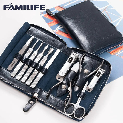 11 Piece Manicure Set For Men With Stainless Steel Nail Clippers And Pedicure Tools In A Portable Blue Leather Travel Case