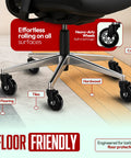 Smooth As Butter Three Inch Rollerblade Casters for Office and Gaming Chairs on hardwood and carpet, showcasing heavy-duty wheels.