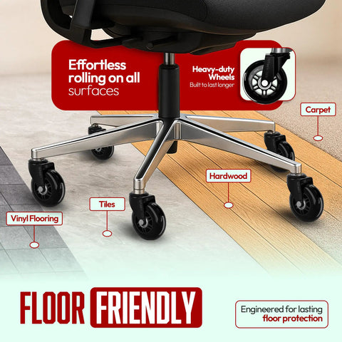 Smooth As Butter Three Inch Rollerblade Casters for Office and Gaming Chairs on hardwood and carpet, showcasing heavy-duty wheels.