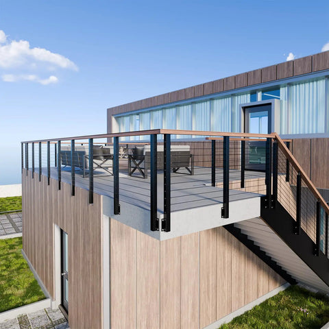 Modern deck with Black Stainless Steel Aircraft Cable Five Hundred Feet One Eighth Inch With Cutter T316 Marine Grade Wire Rope.