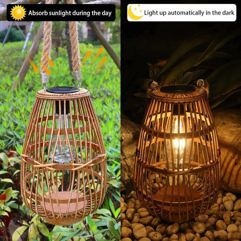 Outdoor Solar Rattan Lantern With Handle For Hanging Or Table Use, Cozy Chill Edison Bulb Glow For Patio Yard Garden Wedding Or Home Decor, Auto On Off, Style 1, shown in daylight and at night, showcasing solar charging and warm glow.