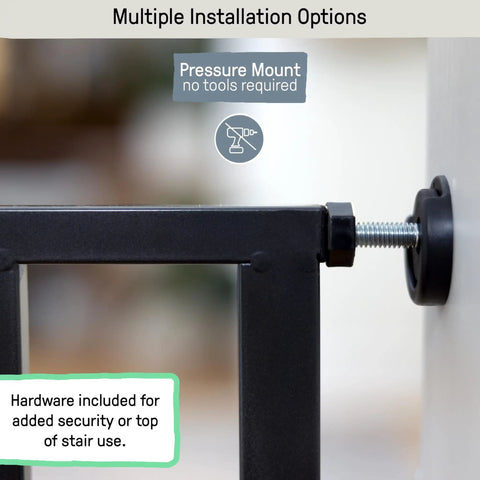 Solid Wood Cherry Stain Arched Baby Gate With Charcoal Gray Metal Frame 30 Inch Tall Fits Openings From 28 To 42 Inches Doorway And Stairway Kid Friendly Gate With Two Extensions Easy No Drill Install Auto Close shown with pressure mount installation detail
