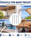Heavy Duty 304 Stainless Steel Eye Bolts With Nuts Four Pack, used for marine rigging, shade sail anchoring, and garage storage.