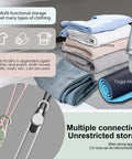 Folded clothes, bath towel, and yoga mat stacked, demonstrating use of silicone cable straps for multifunctional storage.
