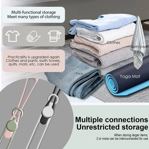 Folded clothes, bath towel, and yoga mat stacked, demonstrating use of silicone cable straps for multifunctional storage.