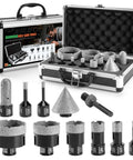 Diamond tile hole saw kit; 11-piece diamond core bits (6–65 mm) with chamfer and finger bits, SDS adapter, in a metal case.