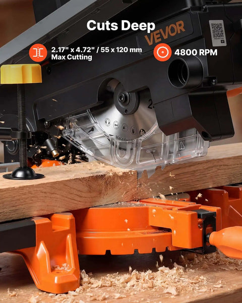 Two-In-One Miter And Table Saw With 8-1/4 Inch Blade cutting wood, precision laser alignment, 4800 RPM, adjustable angles, splash guard