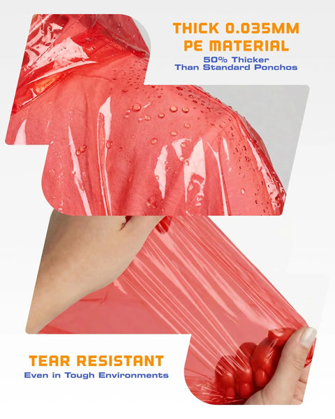 Disposable Rain Ponchos For Adults 5 Pack Hooded Full-Size 48 X 40 Inches with tear-resistant red PE material