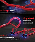 Beefy Heavy Duty Motorcycle Paddock Stands with anti-slip pads, ergonomic handle, and double caster wheels in red.