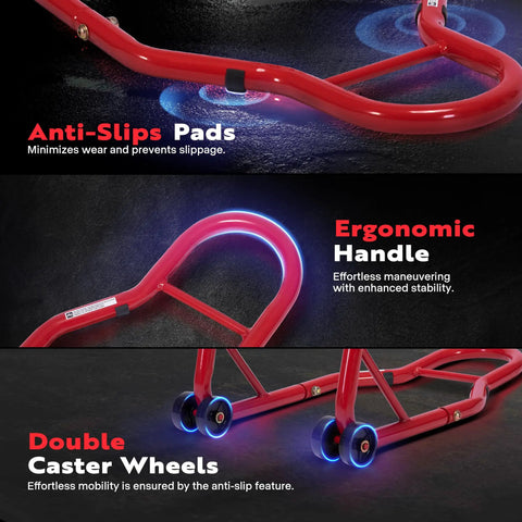 Beefy Heavy Duty Motorcycle Paddock Stands with anti-slip pads, ergonomic handle, and double caster wheels in red.