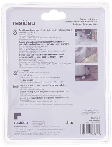 Packaging back of Reusable Water Leak Alarm And Spot Detector with product information and images of leak detection areas