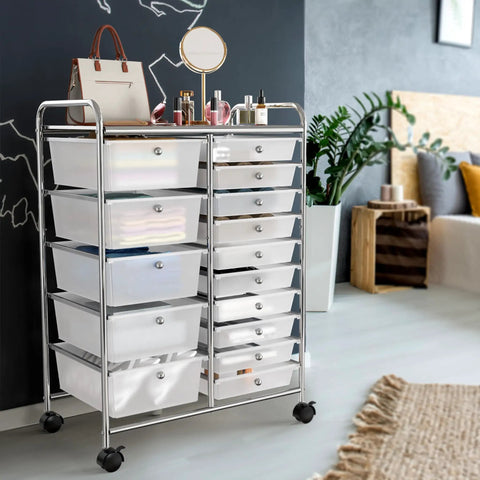 Rolling 15 Drawer Utility Cart For Tools Crafts And Office Beefy Heavy Duty Chrome Storage Organizer On Wheels With Locking Casters For Garage