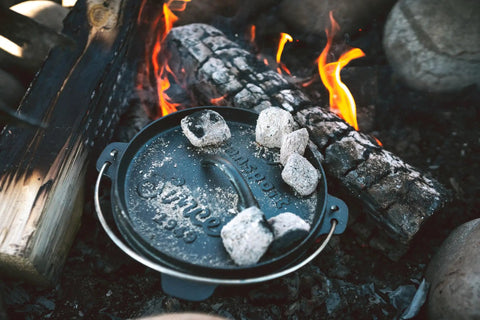 Pre Seasoned 2 Qt Cast Iron Dutch Oven With Flat Bottom For Stovetop And Campfire Use in campfire setting