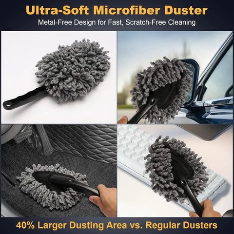 Ultra-soft microfiber duster in use from 8 Piece Car Detailing Kit With Boar Hair Brushes Ultra Soft Duster Microfiber Cloths Reusable 160g Cleaning Gel And Portable Organizer Bag For All Rides.