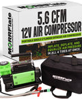 FiveSix PSI Pro Auto Shutoff 12V Off Road Air Compressor with 4Ft Hose and carry bag displayed on packaging