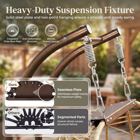 Close-up of heavy-duty suspension fixture of Double Hanging Egg Chair With Stand For Patio Or Balcony Oversized Two Person Outdoor Swing With Thick Cushions And All Weather Wicker Loveseat Beige